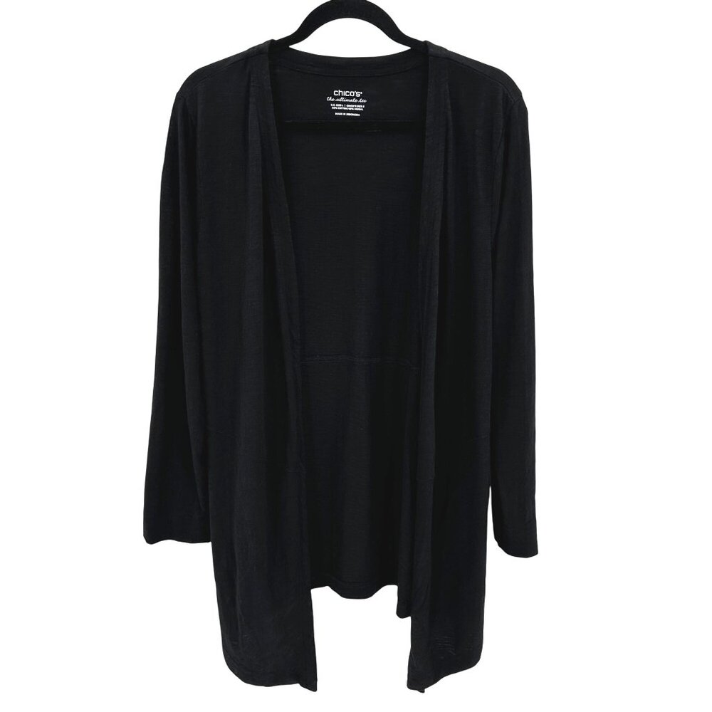 Chicos Women’s Black Open Front Cardigan Size L/2  60% Cotton & 40% Modal